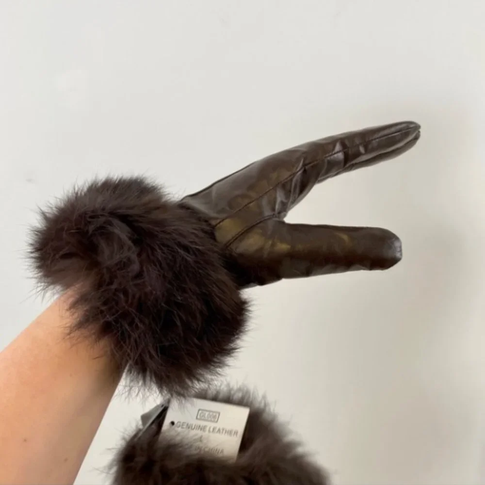 Leather Fur Gloves Large Rabbit Trim Short Brown